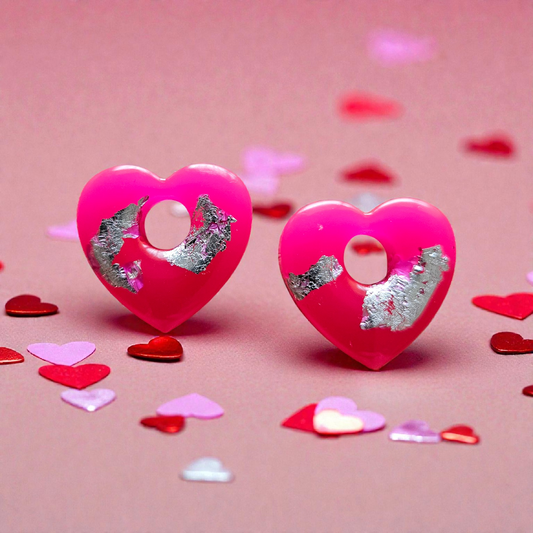 Pampilles coeur rose fushia argent
