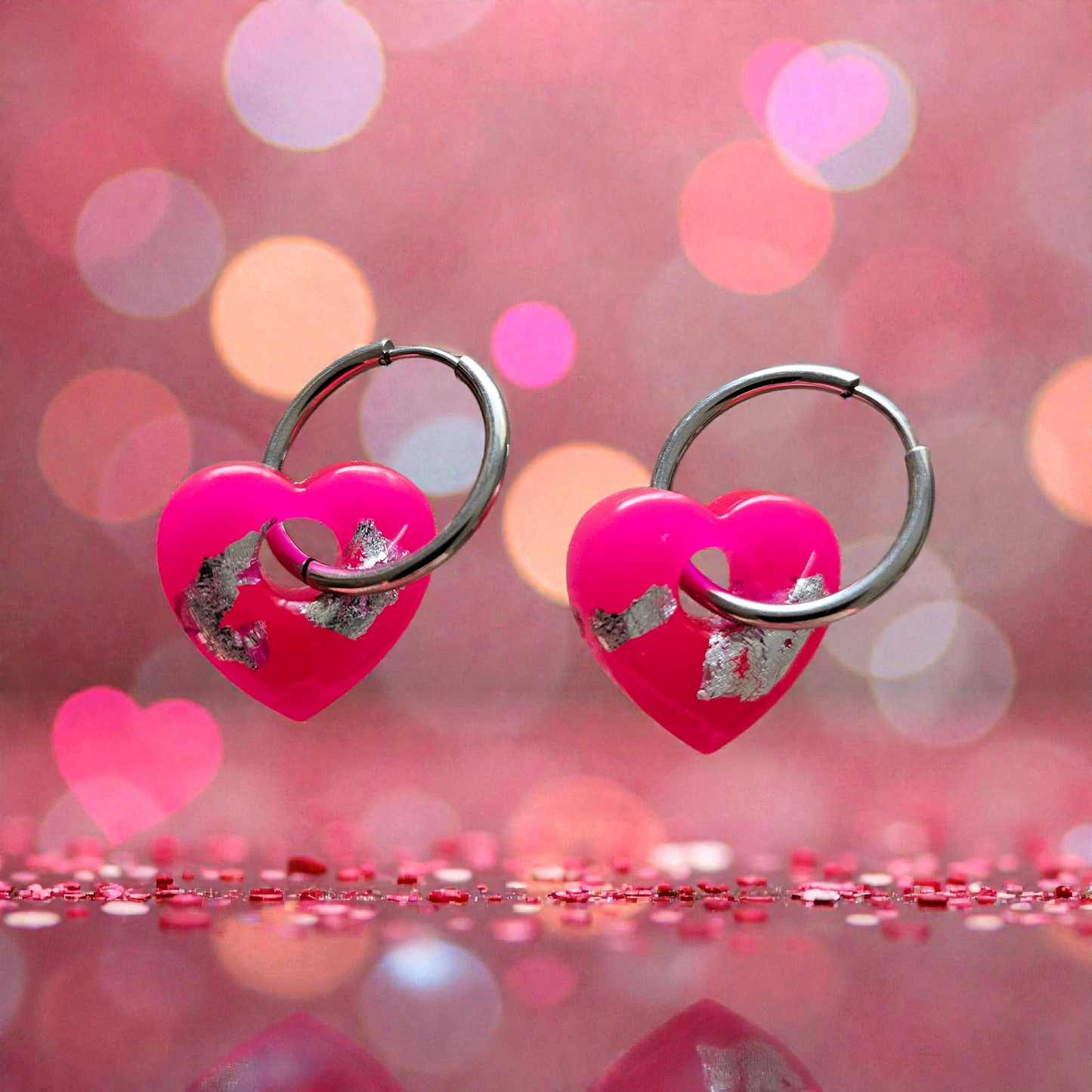 Pampilles coeur rose fushia argent
